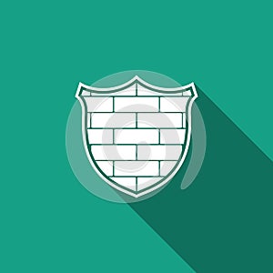 Shield with cyber security brick wall icon isolated with long shadow. Data protection symbol. Firewall logo. Network