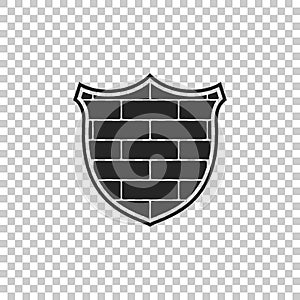 Shield with cyber security brick wall icon isolated on transparent background. Data protection symbol. Firewall logo