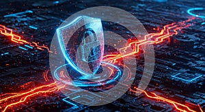 Shield Cyber Security Protection Glowing shield with padlock on a circuit board background symbolizing online data protection photo
