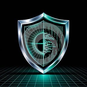shield 3d cyber security metallic design with digital grid and binary code on black