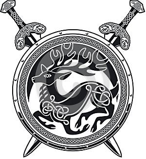 Shield with deer crest and crossing swords