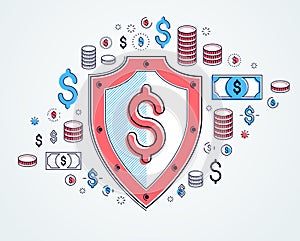 Shield and dollar set of icons, financial security concept, armor business defender, finance protection, vector flat thin line