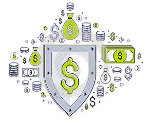 Shield and dollar set of icons, financial security concept, armor business defender, finance protection, vector flat thin line