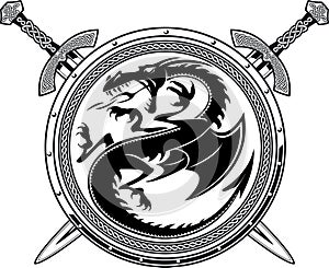 Shield with dragon crest and crossing swords