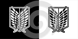 Shield emblem with wings in black and white color