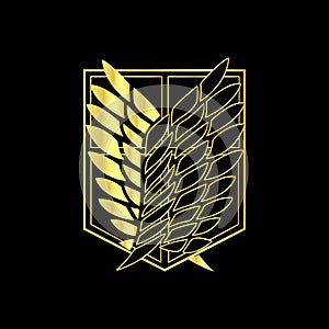 Shield emblem with wings in gold color.