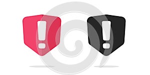 Shield exclamation alert icon vector simple silhouette graphic, safety security breach warning protection black white red symbol