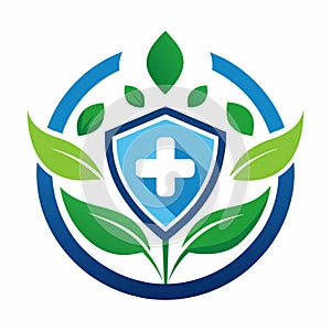A shield featuring intricate leaves and a cross design, symbolizing strength and protection, Health Care logo design template