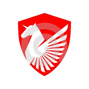 shield with flying Horse Logo Template Vector illustration pegasus unicorn design on white background