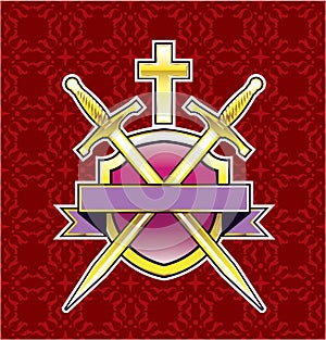 Shield Golden Cross and Golden Swords with ribbon Vector