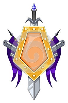 Shield with guns and purple flags.