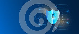Shield icon, future technology for verification. Abstract high tech background. Data security system, information, or network