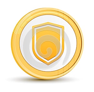 Shield icon gold round button golden coin shiny frame luxury concept abstract illustration isolated on white background