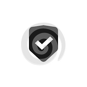 Shield icon vector isolated, flat black and white safety symbol with checkmark, warranty or protect sign, privacy or