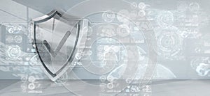 Shield icons in interior with web interface 3D rendering