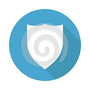 Shield isolated vector icon with shadow on blue circle background. Safety protection. Blank button badge. Protection emblem