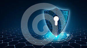 Shield with key inside on blue background The concept of cybersecurity the Internet