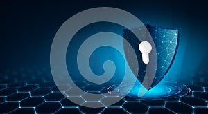 Shield with key inside on blue background The concept of cybersecurity the Internet
