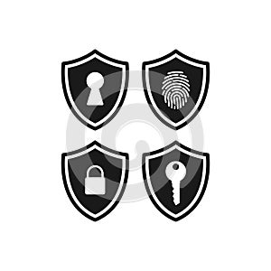 Shield with key, keyhole, fingerprint and padlock black isolated vector icon.