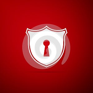 Shield with keyhole icon isolated on red background. Protection and security concept. Safety badge icon. Privacy banner