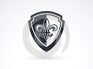 Shield with Lily Flower inside vector symbol.