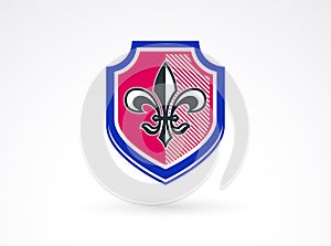 Shield with Lily Flower inside vector symbol.