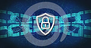 Shield with lock icon and binary code over digital network connections