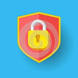 Shield with lock icon. Protection safety password security GDPR concept. Vector illustration. Firewall access privacy sign