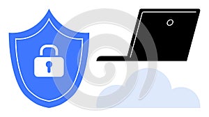 Secure cloud computing concept with laptop, shield, and lock graphic elements in flat design