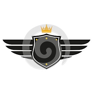 Shield logo illustration with wings and crown