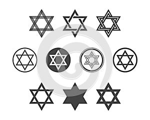 Shield Magen David Star vector set. Symbol of Israel. Black icon on white background. Flat design