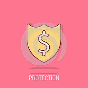 Shield with money icon in comic style. Cash protection cartoon vector illustration on isolated background. Banking splash effect