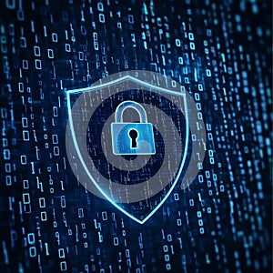 Shield with an open lock icon in the center, surrounded by binary code.representing data or security symbols