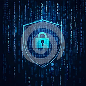 Shield with an open lock icon in the center, surrounded by binary code.representing data or security symbols
