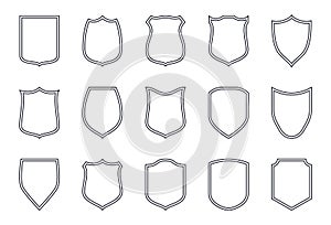 Shield outline labels. Police simple emblem, shields badge icon set, symbol of safety, power and protection, military or