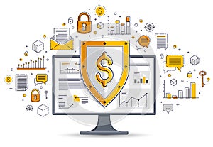 Shield over computer monitor and dollar set of icons, internet financial security concept, online finance protection, vector flat