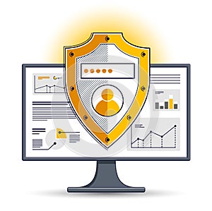 Shield over computer monitor, private data security concept, antivirus or firewall, finance protection, vector flat thin line