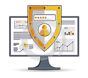 Shield over computer monitor, private data security concept, antivirus or firewall, finance protection, vector flat thin line