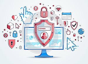 Shield over computer monitor and set of icons, private data security concept, antivirus or firewall, finance protection, vector