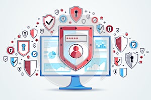 Shield over computer monitor and set of icons, private data security concept, antivirus or firewall, finance protection, vector