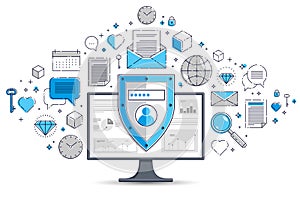 Shield over computer monitor and set of icons, private data security concept, antivirus or firewall, finance protection, vector