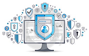 Shield over computer monitor and set of icons, private data security concept, antivirus or firewall, finance protection, vector