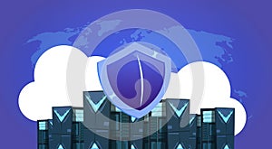 Shield over data storage cloud synchronization center with hosting servers and staff. Computer technology, network and