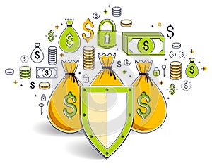 Shield over money bags, savings insurance, safe business, financial protection concept, investments credits and deposit banking