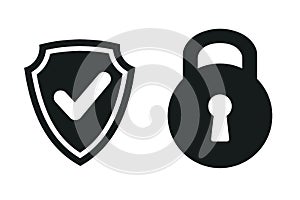 Shield and padlock icons, security approval check icon. Digital protection and security data concept â€“ for stock