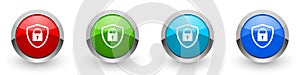 Shield with padlock silver metallic glossy icons, set of modern design buttons for web, internet and mobile applications in four