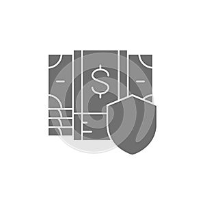 Shield with pile of money banknotes, money safety, insurance, protection money grey fill icon. Cash payment, paper bill