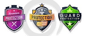 Shield protection icons, security safety signs set