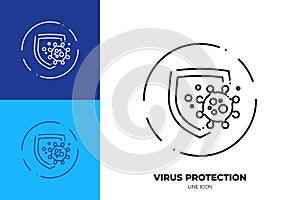 Shield protects from virus cell line art vector icon. Outline symbol of health protection