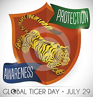 Shield with Prowling Tiger and Ribbons Promoting its Global Day, Vector Illustration